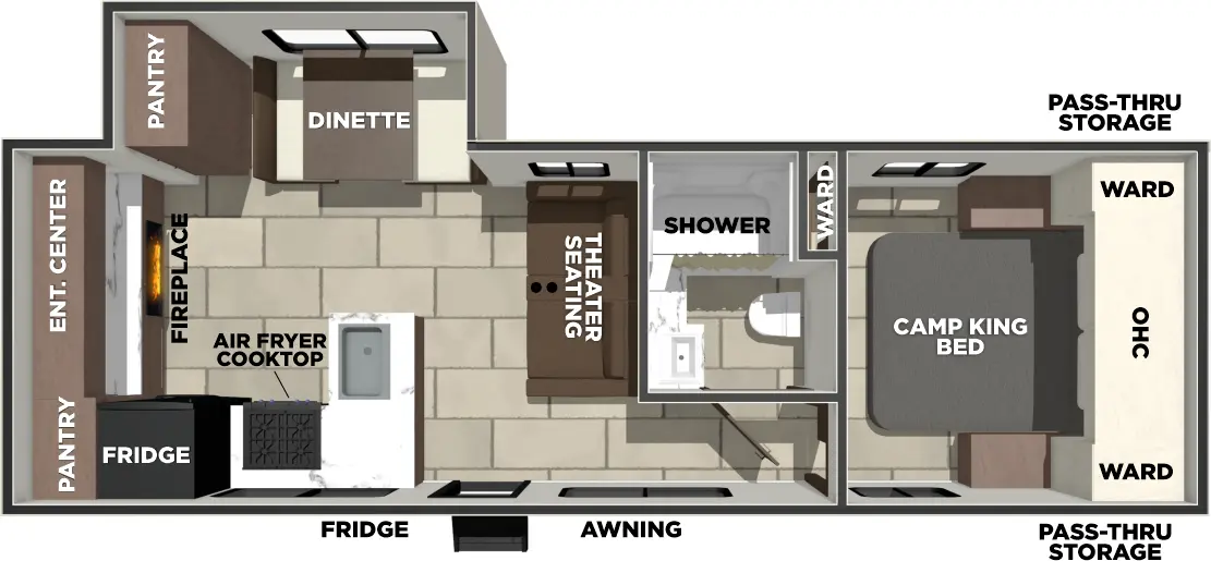 The Tracer 248RE floorplan has one entry and one slide out. Exterior features include: fiberglass exterior and 16' awning. Interiors features include: rear kitchen, u-dinette and front bedroom.